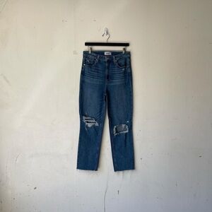 Paige Stella Crop Blue High Rise Straight Leg Distressed Raw Hem Jeans Size 30